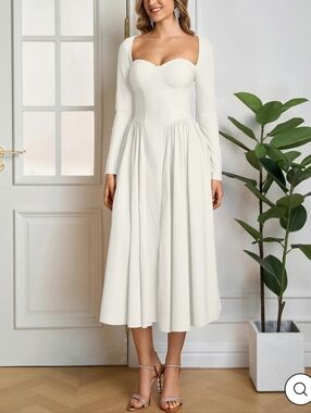 NWOT Parthea Elegant White Long-Sleeve Midi Dress with Sweetheart Neckline